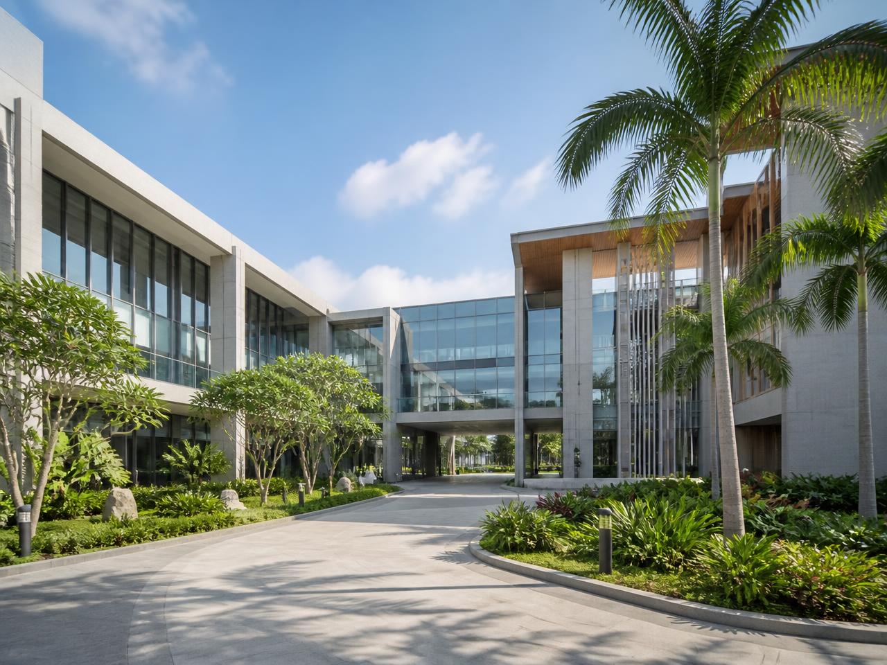 Contemporary institutional campus building with landscaped forecourt
